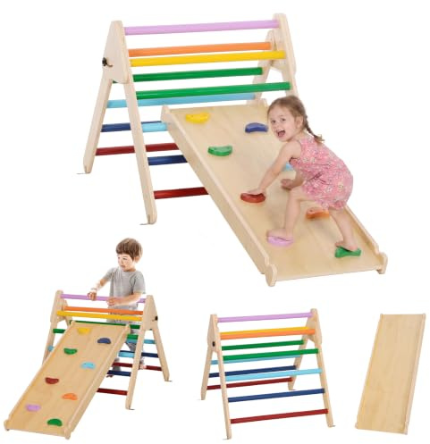 AIYAPLAY Triángulo de Escalada de Madera Plegable 3 en 1 Escalada para Niños de 18-48 Meses con Rampa para Deslizarse o Trepar Multicolor