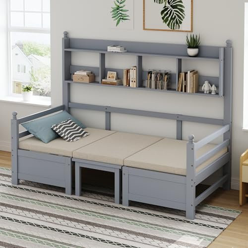 Sofá Cama de Madera Maciza 90x200 cm Cama 2 en 1 y Escritorio Convertible libremente Sofá Cama con estantería para almacenaje Almohada Cama Individual para Adultos Cama de Invitados Gris