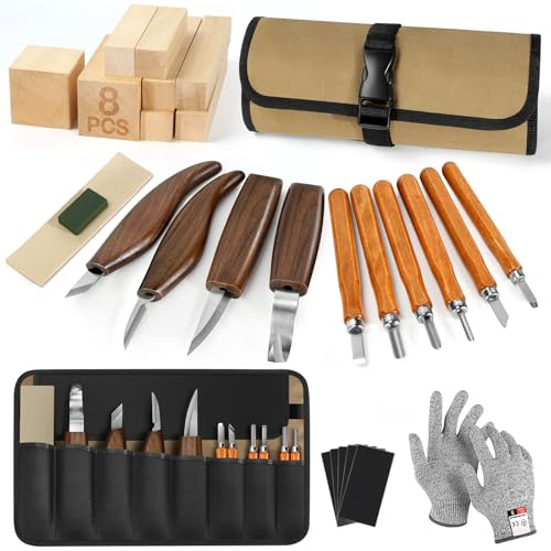 7CDXD 32Pcs Set di Utensili per Intaglio del Legno, Kit per Intaglio del con Custodia in Pelle Coltelli per la Lavorazione del Legno con Blocchi di Tiglio, Hobby per Principianti e Appassionati