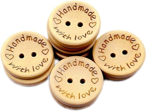 50Pcs Wooden Buttons, 15mm Wood Color Buttons Round 2 Holes Handmade with Love Letter Wooden Button, DIY Crafting Projects Decorations, Sewing Decor Sewing Notions and Supplies