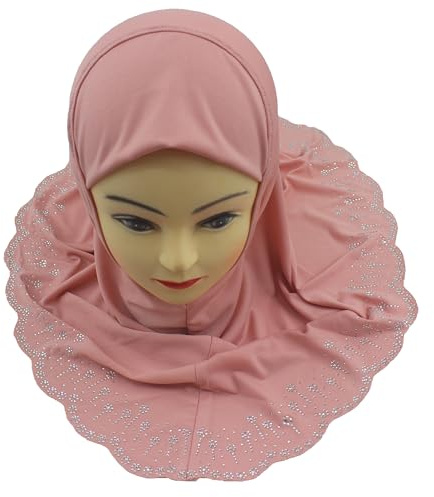 Modest Beauty Girls/Children Hijab Scarf Headscarf Wrap one Piece Muslim Amira with Czech Drill (Dark Pink-wavy edge, Medium)