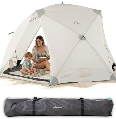 qeedo Quick Island Strandmuschel - große Quick-Up Strandmuschel mit 3 Eingängen, Sichtschutz & Windschutz - inkl. Boden, Sandanker, Heringe und Tragetasche