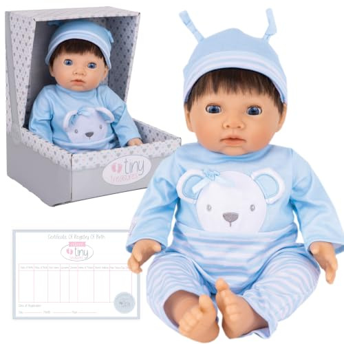 Tiny Treasures Blue Bear Baby Doll 44cm for 3+ Years | Realistic Reborn Doll Style, Soft Hair, Closing Eyes, Birth Certificate & Bear Outfit