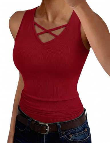 Aottori Camiseta de Tirantes Mujer para Verano Canalé Elástico con Cuello V | Diseño Cruzado, Punto Acanalado, Corte Ajustado, Diseño de Capa Base, Estilo Casual, Acabado Liso