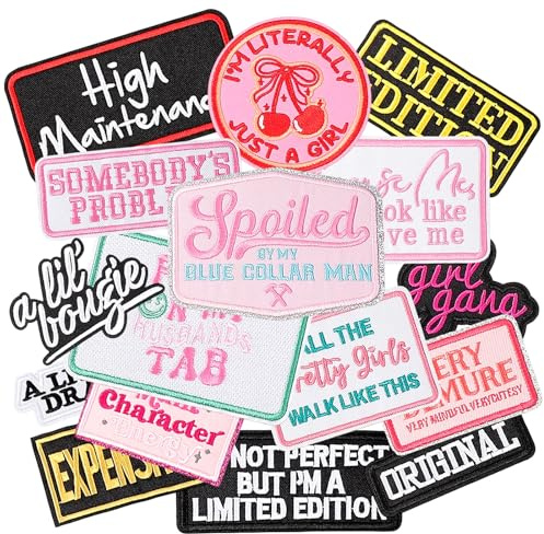 16 Pcs Sassy Girl Slogan Iron on Patches Pink Cool Girly Embroidered Applique Patches Assorted Styles Sew on Patches Trucker Hat Patches DIY Accessories for Clothes Backpacks Hat Pants Jacket