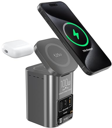 Kitbox 6-in-1 Power Combo Tower, 100W Charging Station with 2in1 QI2 25W Wireless Charger Pad for iPhone Samsung Airpods pro,65W PD3.0 / PPS Port, Retractable 65W USB C Cable, HDTV 2.1 8K& USB 3.0 Hub
