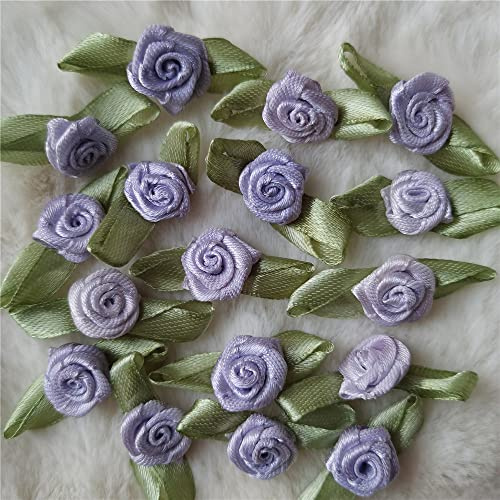 100 st 25 mm x 15 mm flerfärgade mini rosblommor satinband rosetter applikationer gör-det-själv sömnad hantverk tillbehör bröllop brud present dekoration (lila)