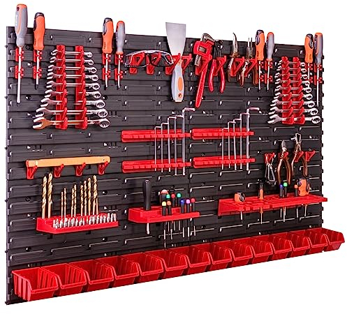 Lot de 23 boîtes à outils empilables - 117 x 78 cm - Avec porte-outils - Étagère murale - Système de rangement - Boîtes de rangement - Plaques murales extra solides - Étagère de rangement extensible