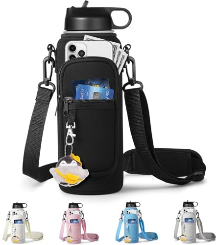 RRegeny Water Bottle Holder with Strap for Hydroflask 32oz 40oz, Carrier Sling Bag with Phone Pocket Sleeve for Men Women Hiking Camping TravellingïŒblack24/32ozïŒ