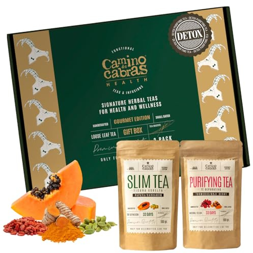 Tisane Confezione Regalo SLIM TEA + DETOX TEA - Tisana Drenante Forte, Detox Fegato e Intestino, Tisana Depurativa - Tè verde, Zenzero, Mate, Equiseto, Curcuma, Tarassaco, Ananas, Cardamomo - 2x 100g