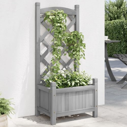Gecheer Växtkruka med spaljé, trädgårdspalier, spaljé, växtstöd, växtlåda, blomkruka, upphöjd bädd, blomlåda, grå, massivt trä, gran