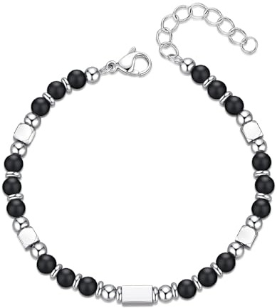 Lilbitty Pulsera de turmalina negra, pulsera de piedras preciosas para hombre y mujer, pulsera de perlas de turmalina de obsidiana auténtica, joyas de acero inoxidable, para elegancia con estilo