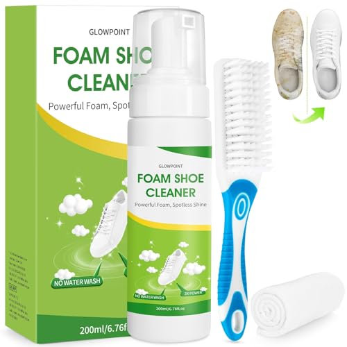 GLOWPOINT Trainer Cleaner, 200ml Shoe Cleaning Kit with Brush & Towel, White Shoe Cleaner Foam Removes Dirt & Stain for White Shoes, Sneaker, PU Leather