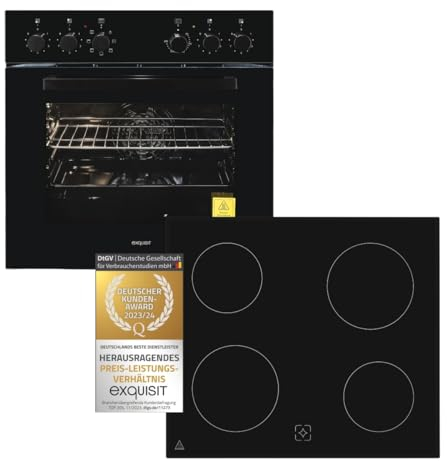 Exquisit Einbauherd-Set Backofen EHE10256-U-020 Set schwarz | Energieeffizienzklasse A | 59 l Garraum | Grill | Umluft | Glaskeramikkochfeld | rahmenlos | Einbaubackofen 60 cm