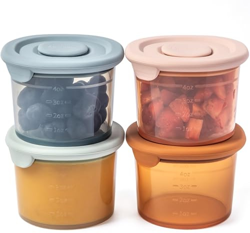 Moonkie Silicone Baby Food Storage Containers, 4 Pack, 120ml Weaning Freezer Pots with Airtight Lids, Reusable Baby Food Snack Pots, Microwave and Dishwasher Safe, Perfect for Infant & Toddler Food