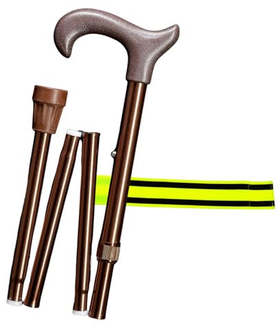 Gehstock Faltstock 4-teiliger höhenverstellbar faltbar Uni-Ergonomic Derby – aus Aluminium mit ergonomischem Derby-Griff + Olanmarp Klettarmband mit Streifen (Bronze)