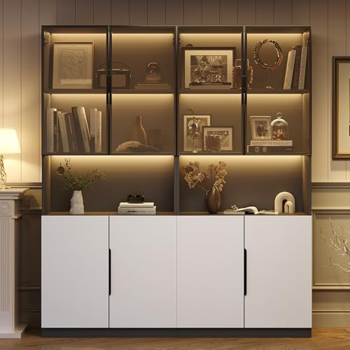 Vitrine moderna minimalista con puertas de vidrio, expositor con luces LED, estantería para artículos de colección, temperatura de color y brillo ajustables, puertas blancas con decoración negra