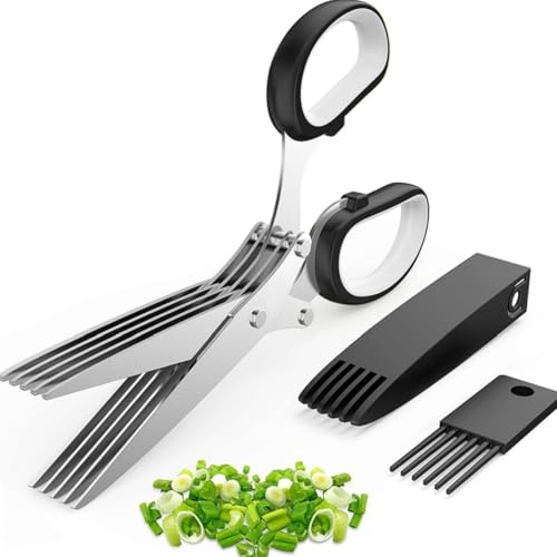 Herb Scissors,Kitchen Scissors with 5 Blades and Cover,Cool Kitchen Gadget for Cutting Shredded Lettuce,Fresh Cilantro,Fresh Green Onions and More.Can also be used for cutting paper. (Black)