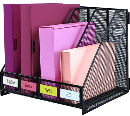 ideallife Porte-revues pliable en Métal robuste - Vertical Corbeilles à Courrier A4 Banette de Rangement, Classeur sur pied peu encombrant avec 4 compartiments pour le bureau et la maison, Noir