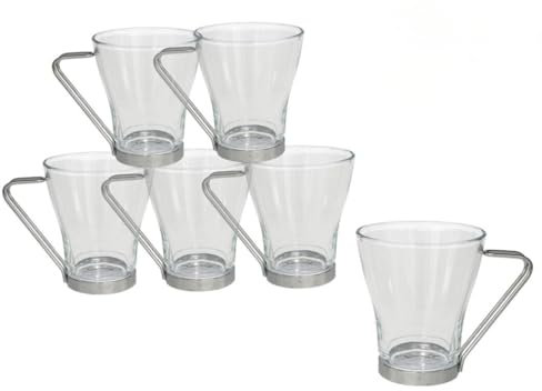 Gissed Juego 6 Tazas Café Desayuno Vidrio con Asa Metálica y Base | 230ml | Vasos Té Capuchino Infusiones Postres | Moderno Elegante | Resistente | NO Microondas/Lavavajillas