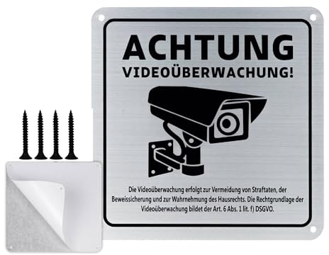 Achtung Videoüberwachung Schild Privatgrundstück mit DSGVO Hinweis, 15x15cm 100% Alu,Warnschild Kamera überwachung, Selbstklebend und 4 Bohrlöcher, Warnschild für Innen Außen (Silber)