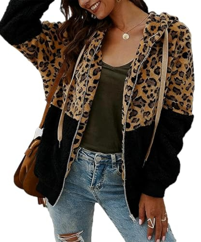 Crsiphee Women’s Leopard Print Fleece Hoodie Full Zip Cozy Jacket Teddy Sherpa Warm Coat Patchwork Outwear for Autumn and Winter with Pockets Black XXL