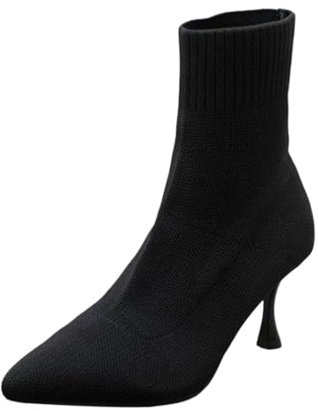 Botas de mujer lisas, lisas, casuales, de punto, transpirables, de tacón alto, tacones finos, de punta media, botas grandes, botines cortos, Negro , 38 EU