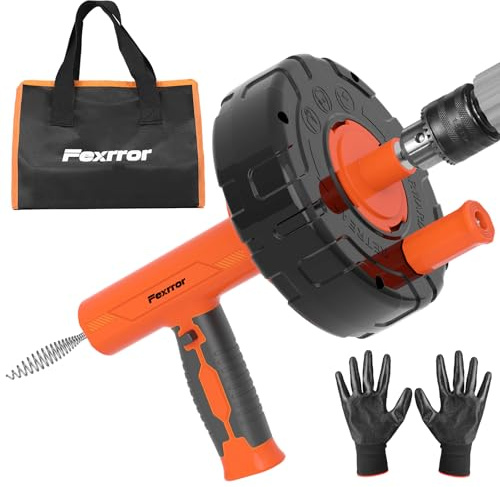 Fexrror Cable Desatascador de Tuberías de 33 Pies (10M) con Avance Automático y Adaptador para Taladro - Desatascador Profesional Manual/Eléctrico para Fregadero, Bañera, Ducha e Inodoro