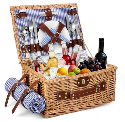 Wicker Picnic Basket Cestino da Picnic in Vimini per 4 Persone, cesto intrecciato con isolamento integrato e telo impermeabile,set completo con 4 posate, piatti, bicchieri per campeggio giardino BBQ