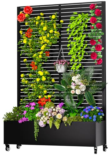MTART Metal Planter Box with Trellis, 72.1x47.2x16 Outdoor Galvanized Raised Garden Bed with Privacy Screen & Drainage Holes & Lockable Casters for Climbing Plants, Vegetable (Louvered-Black1)
