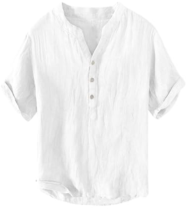 Camisa de lino para hombre, manga corta, verano, cuello en V, bolsillos, camiseta Henley, transpirable, talla grande, camiseta deportiva con cuello Henley, informal, holgada, camisa de trabajo