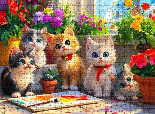 Pussel 1 000 delar, träpussel för vuxna söt katt impossibla klassiska jigsaw pussel 75 x 50 cm, familjespel, pussel stressminskning tankespel, pusselälskare w0-441