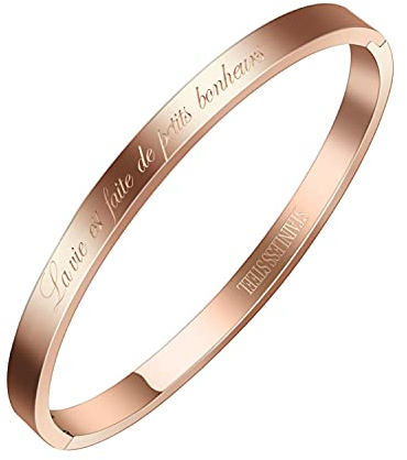 AURSTORE® Bracelet Jonc Fin en Acier Inoxydable 316L avec Message Phrases d'Inspiration Largeur 4 mm Plusieurs Messages au Choix Couleurs Or Rosé (La Vie Est Faite de Petits Bonheurs)