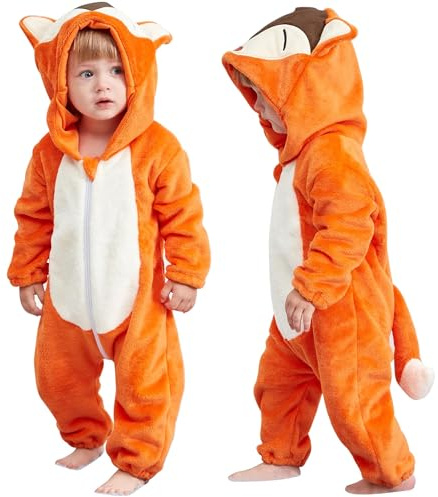 COOKY.D Neonato con Cappuccio Flanella Romper Autunno Inverno Onsie Tuta Manica Lunga per Bambini Ragazze Ragazzi,30-36 Mesi,Volpe