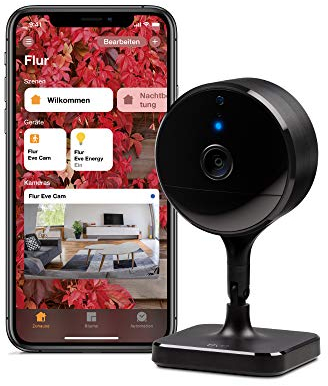 Eve Cam – Caméra intérieure sécurisée, confidentialité absolue, HomeKit Secure Video, Notifications sur iPhone/iPad/Apple Watch, détecteur de mouvements, Micro et Haut-Parleur, Installation Flexible