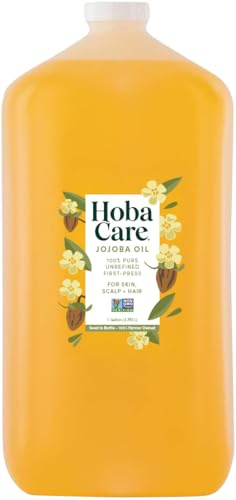 HobaCare Bulk Jojoba Oil - 100% Pure Hexane Free Unrefined Carrier Oil for Soap Making, Hair, Face, Beard, Scalp, Skincare Spa - Natural, Vegan, Long Shelf Life (128 oz Gallon)