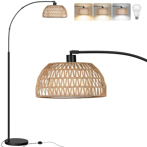 ROTTOGOON Bogen Rattan Stehlampe für Wohnzimmer 3 Farbtemperaturen Dimmbare 9W LED mit Fußschalter Boho Landhausstil Stehleuchte für Schlafzimmer Büro inkl. Birne Schwarz