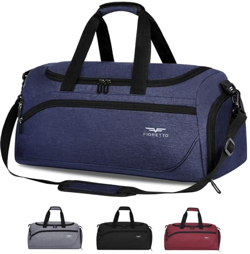 FIORETTO 35L Mens Sports Gym Bag with Wet Pocket & Shoe Compartment,Travel Duffle Bag Overnight Bag with Padded Shoulder Strap, Water-Resistant Sports Holdall for Swimming, Basketball Dark Blue