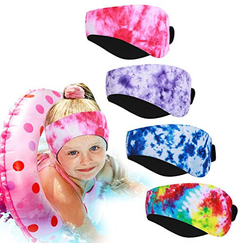 Schwimmen Stirnband Kinder, 4 Wasserdichtes Schwimm-Ohrband Neopren Haarband zum Schwimmen Elastisches Gehörschutzband Einstellbar Ohrenschutz schwimmen für kinder Alter 7-15 Wassersport (Tie-dyed)