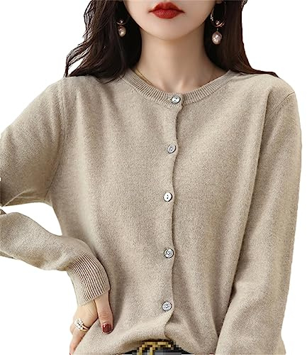 Bollrllr Cárdigan de cachemira para mujer, suéter de cuello redondo, primavera, otoño, invierno, manga larga, suéter de punto de color sólido, cárdigan suave, Caqui9. L