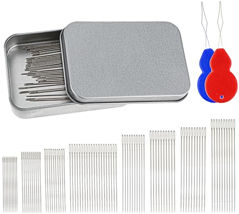 Prasacco 90 Stück Nadel Mit Großem Öhr, 8 Größen Sticknadeln mit großem Öhr Edelstahl Handnähnadeln mit 2 Stück Einfädler und 1 Stück Metall Aufbewahrungsbox für Stricken, Sticken, Nähen, DIY Handwerk