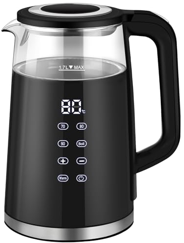 WANNYTON Wasserkocher 1,7 L mit Temperatureinstellung (40-100℃), Edelstahl Glas, BPA-frei, 2200 W, Digitalanzeige, 360° Sockel, Warmhalten Abschaltautomatik Trockengehschutz, Schwarz