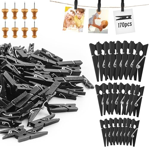 Hengxinchen 178 Stück Mini Holzklammern Klein 2.5/3/3.5cm Schwarz Mini Wäscheklammern Hochzeit Kleine Holzklammern Für Polaroid Fotos mit 10M Jute String DIY für Fotowand Display Party