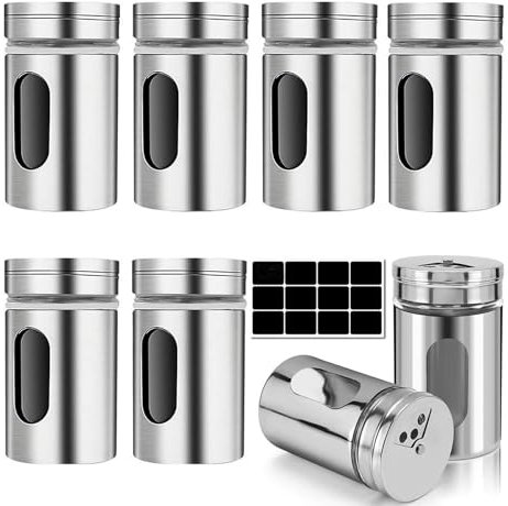 Set di 8 barattoli per spezie, 80 ml, con regolazione a 3 posizioni, con etichette, spargispezie con coperchio in acciaio inox di alta qualità, mini spargispezie in vetro, contenitore per sale e pepe,
