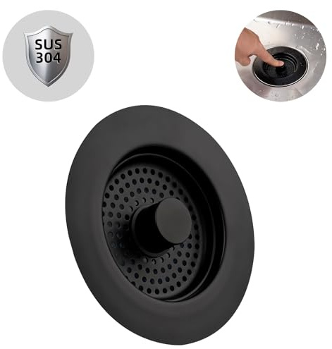 Hibbent 3 in 1 Kitchen Sink Plug, Sink Strainer and Stopper Combo, Black | Stainless Steel Stopper and Strainer, Anti-Clogging, Kitchen Sink Strainer Plug, Prevent Odours-Sinks Depth > 28mm