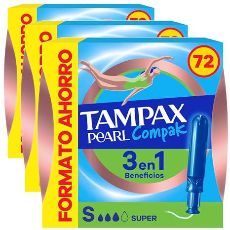 Tampax Compak Pearl Super, 72 Unidades, Tampones con Aplicador, Comodidad, Protección y Discreción (Paquete de 3)