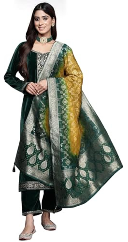 TRENDMALLS Women's Velvet Embroidery Salwar Suit Set Kurta Pant with Dupatta (G234-Green-XL)