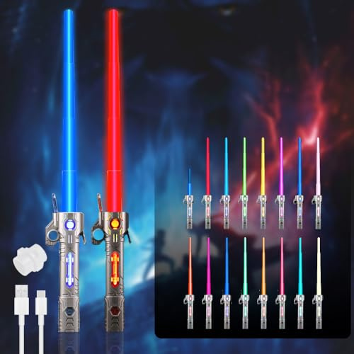 CJBIN Sable de Luz, 2Pcs Espada Laser Niños, 15 Colores Sonido de Combate Simulado, Espada Láser, Sable de Luz Led, Espada Láser Retráctil 2 en 1 para Niños ( Plateado + Negro)