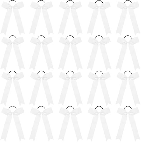 CEELGON 20 PCS College Style Cheer Bows Collegiate Long Tail Skinny Cheer Bow Elastic Hair Tie Bows for Teens Girls Softball Competition Sports Cheerleaders (White)