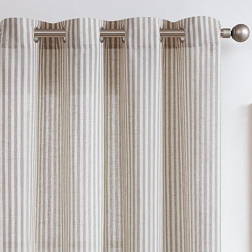 TOPICK Linen Blend Curtains, Grey Striped Light Filtering 2 PCS, W50 xL96 | 96 Inch Long Light Filtering Eyelet Curtains for Living Room, Bedroom, Kids Room, Nursery, Country Style Window Decoration